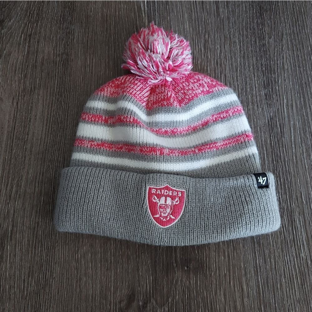 47 Brand Kids Pink and Gray Knit Raiders Hat with Pom-Pom